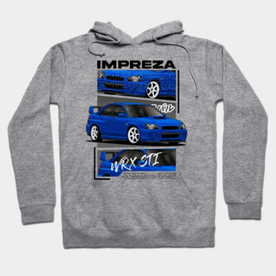 Gray hoodie featuring blue car graphic, sporty style, comfortable cotton blend, casual wear for car enthusiasts.
