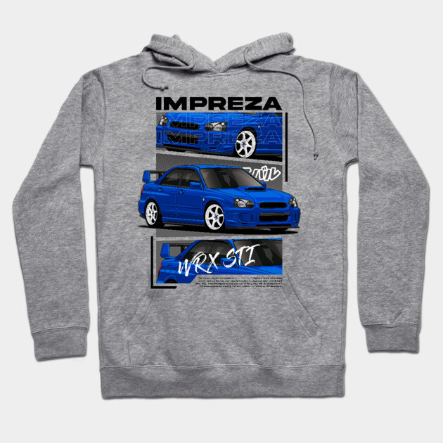 Gray hoodie featuring blue car graphic, sporty style, comfortable cotton blend, casual wear for car enthusiasts.