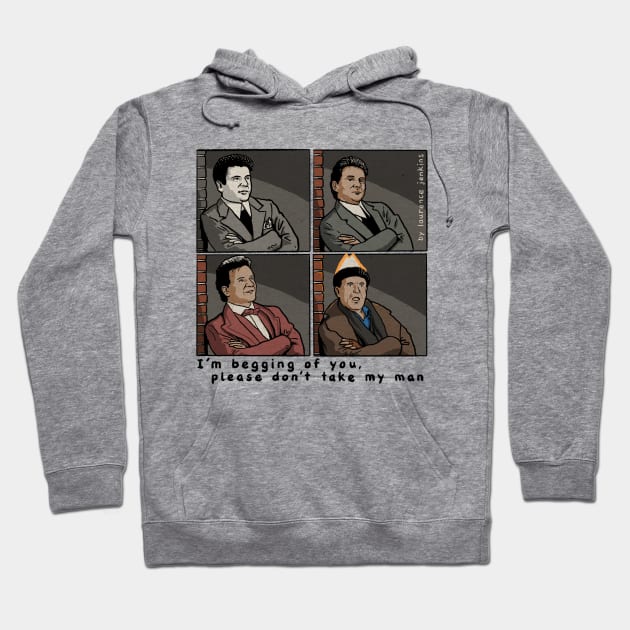 Gray hoodie with comic-style graphic design, featuring text "I'm begging of you, please don't take my man", casual wear.