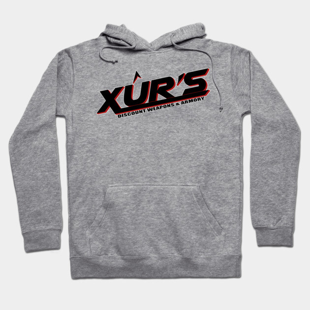 Gray hoodie with "Xur's Discount Weapons & Armory" logo, casual style, cotton material, front pocket, drawstring hood.