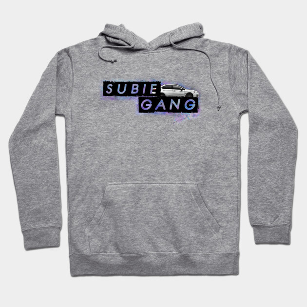 Gray "Subie Gang" hoodie featuring sporty car graphic, perfect for casual wear, made from soft cotton blend.