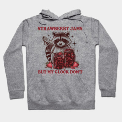Gray hoodie with raccoon, jars, and text "Strawberry Jams" design. Perfect for casual wear and comfort.