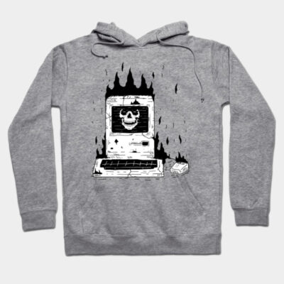 Gray hoodie featuring a vintage computer graphic with skull design, perfect for casual wear, cotton material.