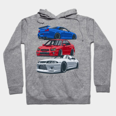 Gray hoodie with car graphic design, featuring blue, red, and white sports cars. Casual streetwear style. Cotton blend.