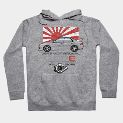 Gray hoodie with vintage car design, featuring red sunburst. Casual style, cotton blend, perfect for car enthusiasts.