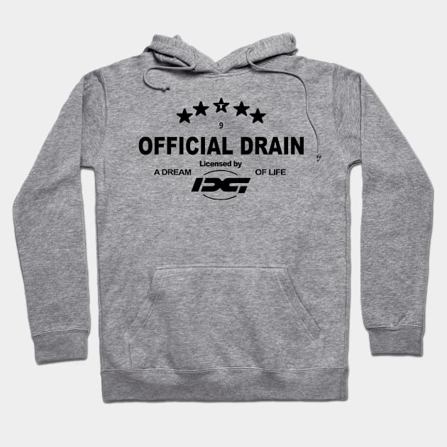 Gray hoodie with "Official Drain" text, stars design, cotton blend, casual wear, front pocket, drawstring hood.