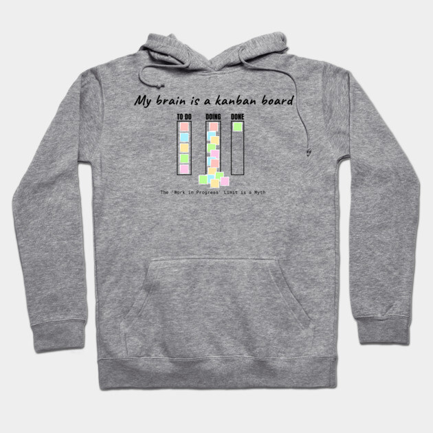 Gray hooded sweatshirt with "My brain is a kanban board" graphic design, perfect for casual wear or gift.
