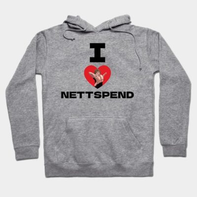 Gray hoodie with "I Love Nettspend" text and heart graphic, casual style, cotton blend, unisex fit.