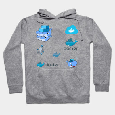 Gray hoodie with Docker-themed graphics, featuring cartoon whale and cloud designs, casual wear, cotton blend.