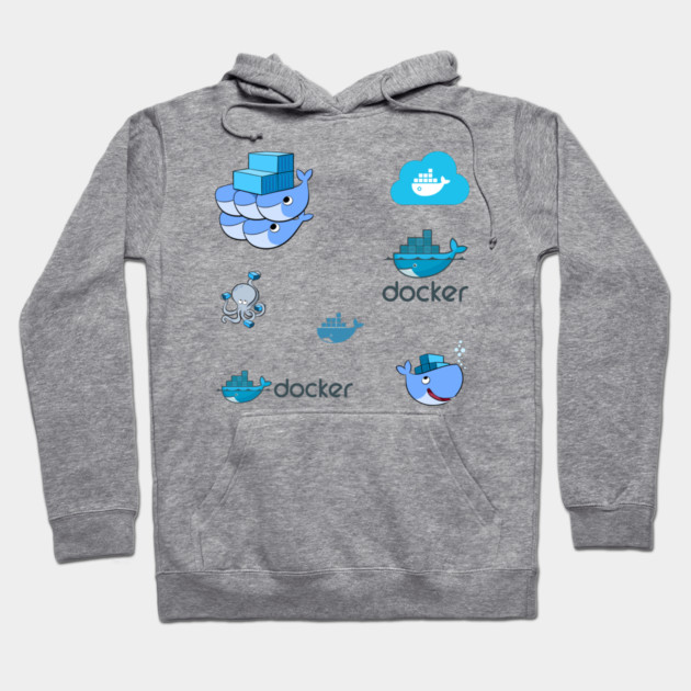 Gray hoodie with Docker-themed graphics, featuring cartoon whale and cloud designs, casual wear, cotton blend.