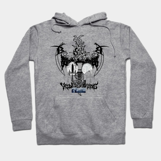 Gray hooded sweatshirt with abstract black graphic design, featuring drawstrings and front pocket, casual wear.