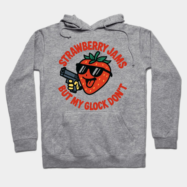Gray hoodie with a playful strawberry graphic and text, perfect for casual wear. Soft material, fun design, unisex style.