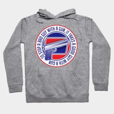 Gray hoodie with bold graphic design featuring a gun illustration and text, casual style, cotton blend material.