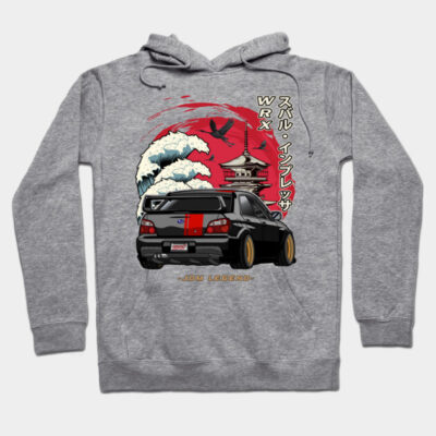 Gray hoodie with Japanese car graphic design, featuring a wave and temple. Stylish and comfortable casual wear.