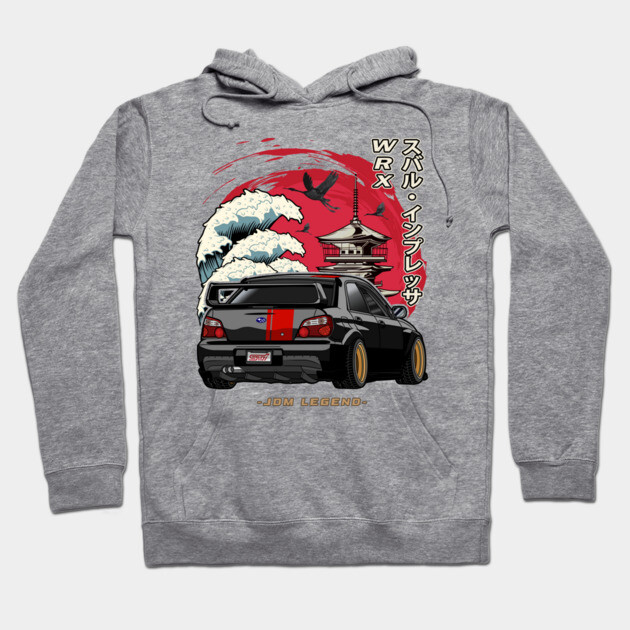 Gray hoodie with Japanese car graphic design, featuring a wave and temple. Stylish and comfortable casual wear.