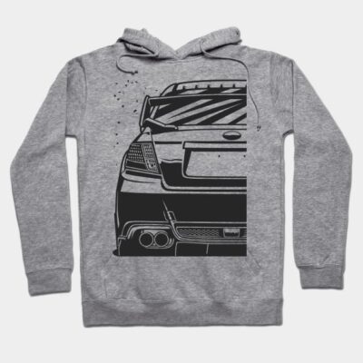 Gray hoodie with black car graphic, cotton material, casual style, ideal for automotive enthusiasts.