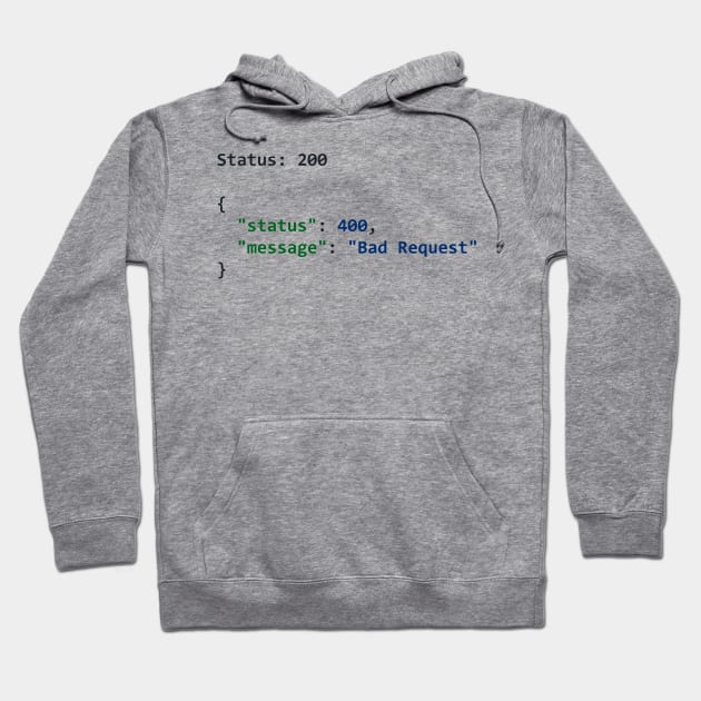 Gray hoodie with coding humor design, featuring status and error messages, perfect for tech enthusiasts.