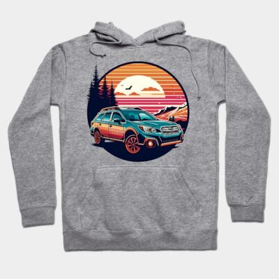 Gray hoodie with vibrant car and sunset graphic, cozy fleece material, casual outdoor style, unisex design.