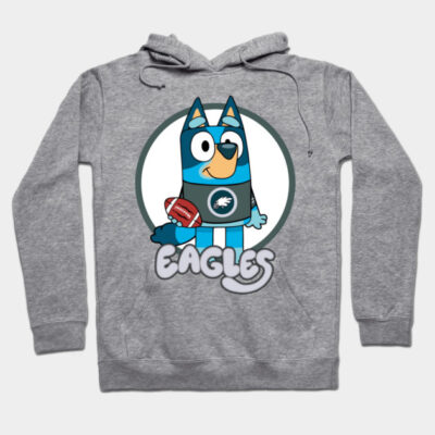 Gray hoodie with cartoon design, featuring a blue dog character holding a football, "Eagles" text below.