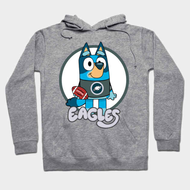 Gray hoodie with cartoon design, featuring a blue dog character holding a football, "Eagles" text below.