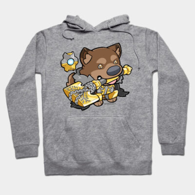 Gray hoodie with cute cartoon dog holding a hammer, cozy casual wear, cotton blend material.