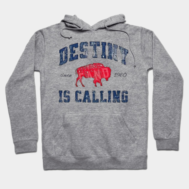 Gray hoodie with "Destiny is Calling" graphic, featuring red bison design, casual style, cotton blend material.