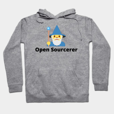 Gray hoodie with "Open Sourcerer" wizard design, featuring a blue hat, for casual wear, cotton blend.