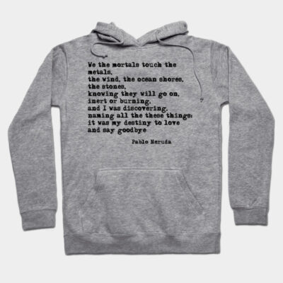 Gray hoodie with black text print, featuring a front pocket and drawstrings, made from soft cotton blend, perfect for casual wear.