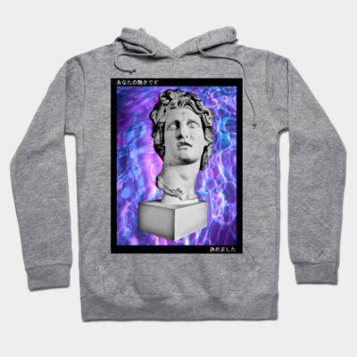 Gray hoodie with abstract statue design, featuring vibrant purple and blue background, perfect for casual wear.