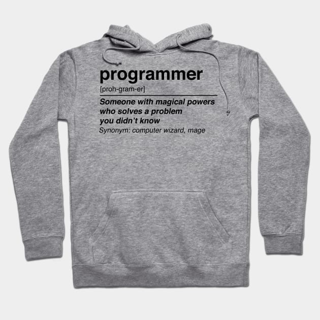 Gray hoodie with "programmer" definition text, casual style, ideal for tech enthusiasts, made of soft cotton blend.