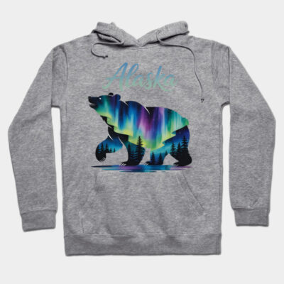 Gray hoodie with colorful bear and forest design, featuring "Alaska" text. Cozy cotton blend, perfect for casual wear.