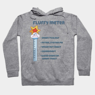 Gray hoodie with "Fluffy Meter" graphic, featuring humorous design and text. Casual style, comfortable cotton blend.