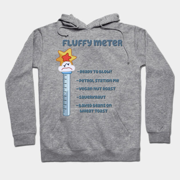 Gray hoodie with "Fluffy Meter" graphic, featuring humorous design and text. Casual style, comfortable cotton blend.