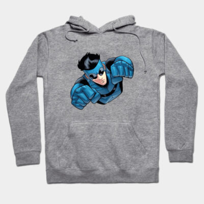 Gray superhero graphic hoodie, unisex, cotton blend, casual wear, features vibrant blue and black design on the front.