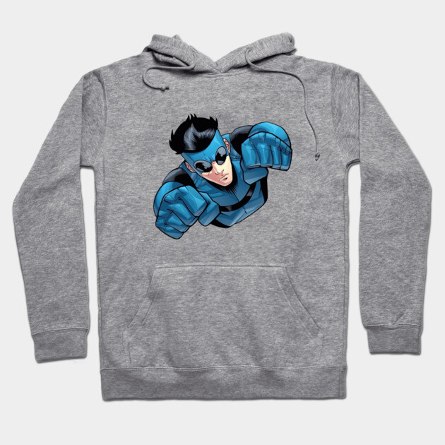 Gray superhero graphic hoodie, unisex, cotton blend, casual wear, features vibrant blue and black design on the front.