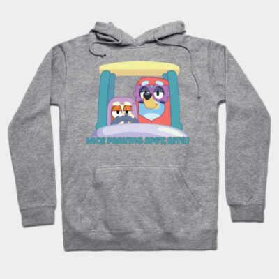 Gray hoodie with cartoon print, "Nice Parking Spot, Rita!" text, casual style, soft material, unisex design.