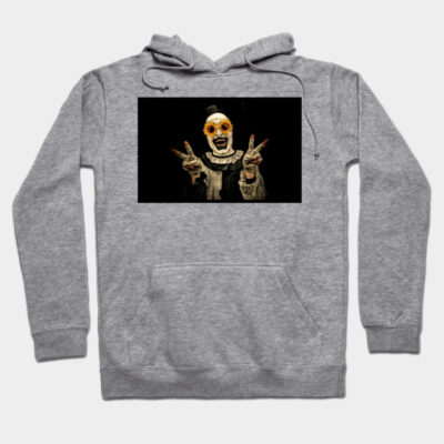 Gray hoodie with creepy clown graphic, unisex style, cozy cotton blend, perfect for casual wear and Halloween events.
