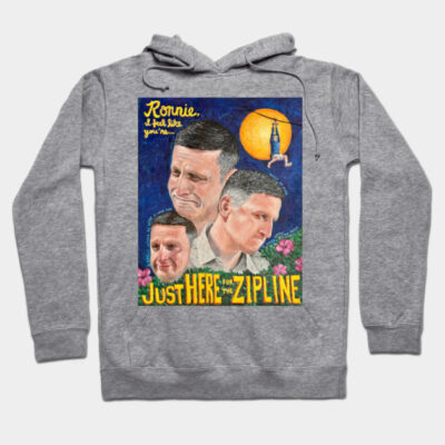 Gray hoodie with colorful graphic design, featuring text "Just Here for the Zipline." Casual, comfortable style.