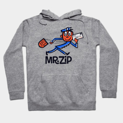 Gray hoodie with retro mailman graphic, "Mr. Zip" text, perfect for casual wear, soft cotton blend material.