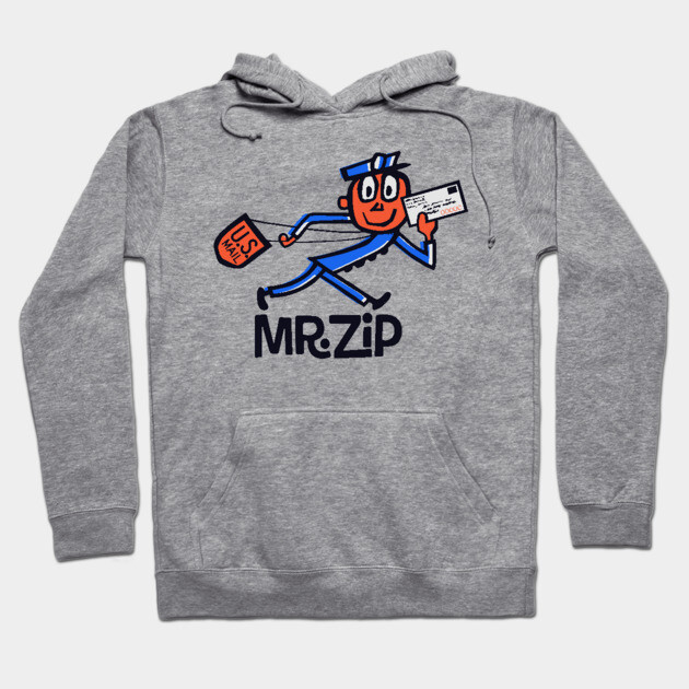 Gray hoodie with retro mailman graphic, "Mr. Zip" text, perfect for casual wear, soft cotton blend material.