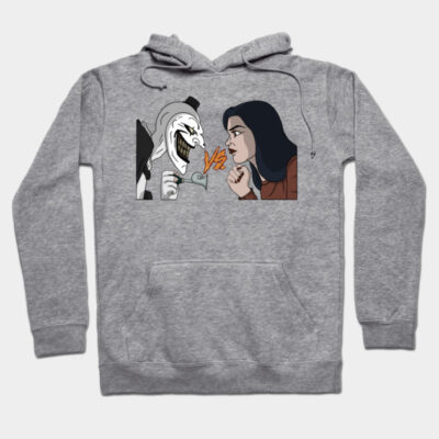 Gray hoodie with cartoon face-off design, casual style, ideal for everyday wear, made from soft, comfortable fabric.