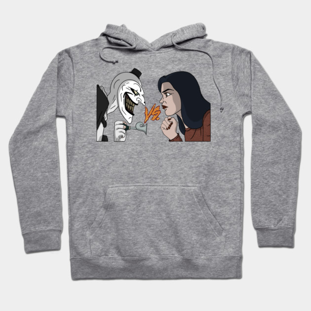 Gray hoodie with cartoon face-off design, casual style, ideal for everyday wear, made from soft, comfortable fabric.