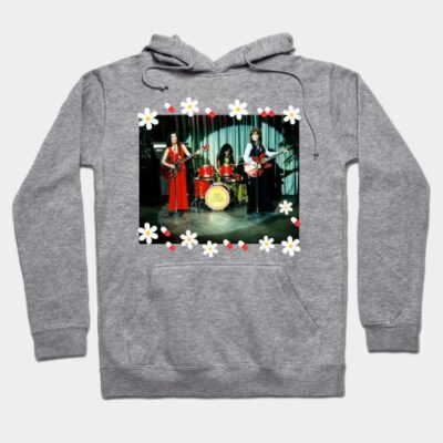 Gray hoodie with vintage band photo and floral border, featuring front pocket and adjustable drawstrings.