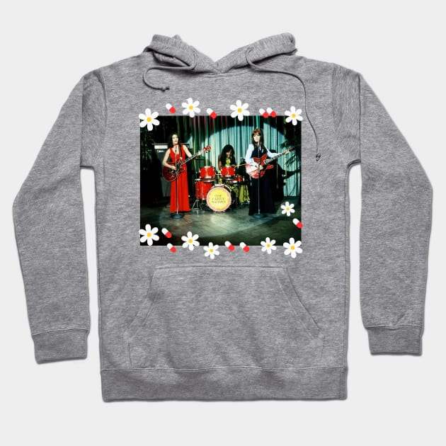 Gray hoodie with vintage band photo and floral border, featuring front pocket and adjustable drawstrings.
