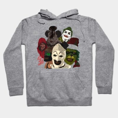 Gray hoodie with colorful horror character illustrations, casual style, comfortable cotton blend, perfect for Halloween.