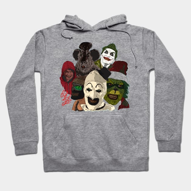 Gray hoodie with colorful horror character illustrations, casual style, comfortable cotton blend, perfect for Halloween.