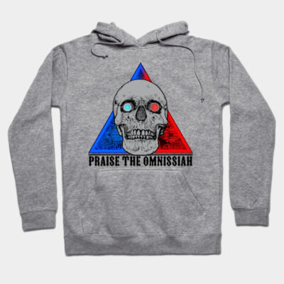 Gray hoodie with skull design, "Praise the Omnissiah" text, red and blue triangle, casual style.