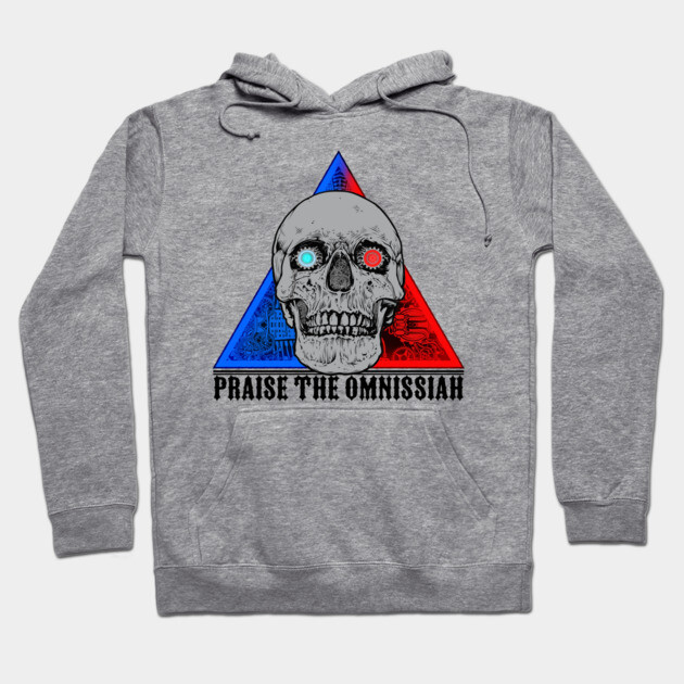 Gray hoodie with skull design, "Praise the Omnissiah" text, red and blue triangle, casual style.