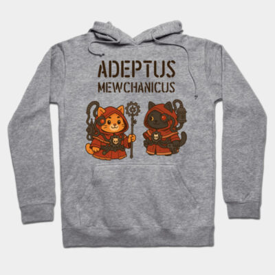 Gray hoodie with "Adeptus Mewchanicus" print, featuring cute cats in sci-fi robes. Cozy cotton blend for casual wear.