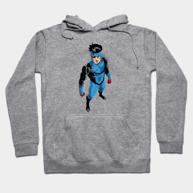 Gray hoodie with a blue and black superhero graphic, casual style, cotton blend, perfect for everyday wear.